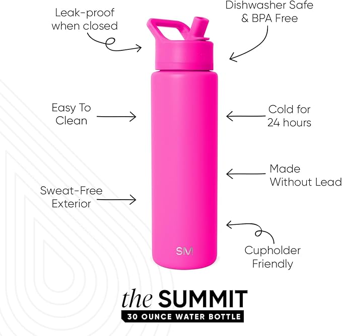 Simple Modern Water Bottle with Straw Lid | Vacuum Insulated Stainless Steel Metal Thermos | Reusable Leak Proof BPA-Free Flask for Sports Gym | Summit Collection | 30oz, Raspberry Vibes