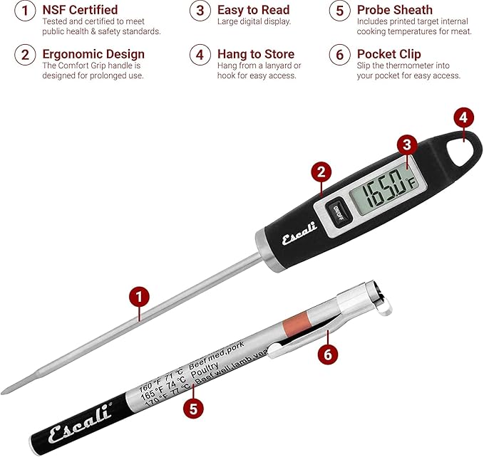 Escali DH1 Gourmet Digital Meat Thermometer with Extra Long Probe, NSF Certified, Black