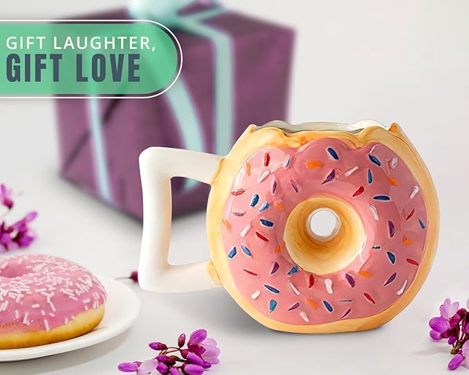 Comfify Ceramic Donut Mug – Pink Glaze with Sprinkles – Funny “MMM... Donuts!” Quote – 14 oz Coffee Cup for Tea, Hot Chocolate, and More – Giftable Novelty Drinkware