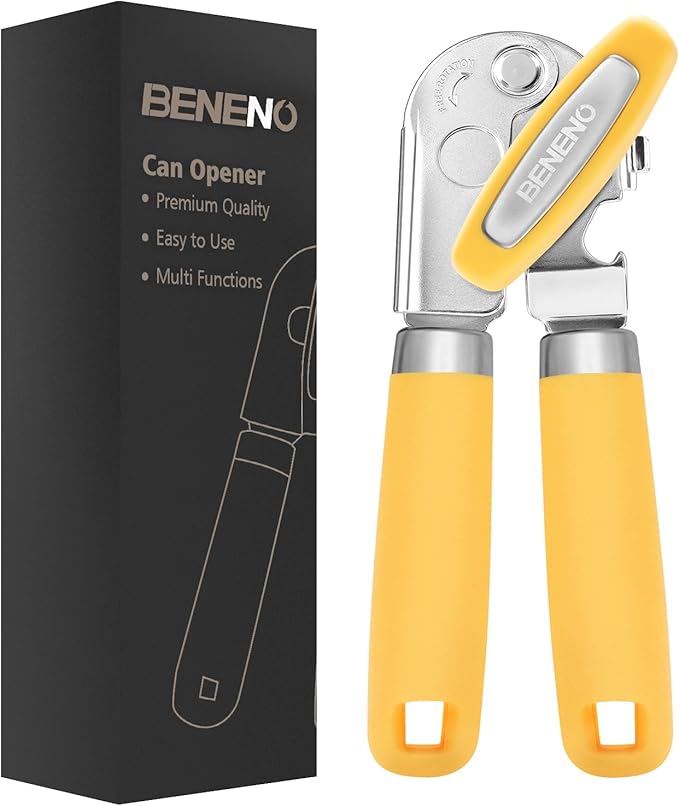 Beneno Heavy Duty Hand Can Opener Manual with Magnet, Durable Sharp Carbon Steel Blade Smooth Cutting, Big Effort-Saving Knob, Soft Grip Handle, Multifunctional Kitchen Tool with Bottle Opener, Yellow