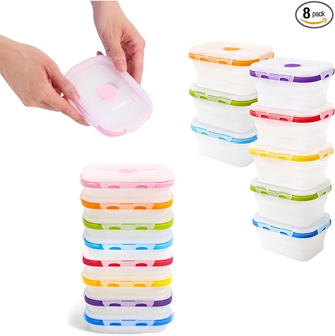 ECOBERI Small Collapsible Silicone Containers, Perfect for Snacks, Travel, Space-Saving Storage, Set of 8