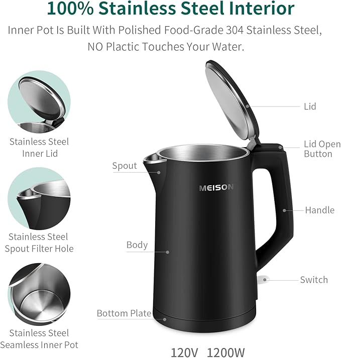 MEISON Electric Kettle, 1.7 L Double Wall Food Grade Stainless Steel Interior Water Boiler, Coffee Pot & Tea Kettle, Auto Shut-Off and Boil-Dry Protection, 1200W, 2 Year Warranty(Black)