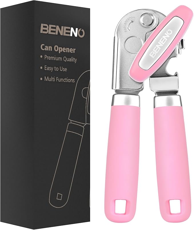 Beneno Heavy Duty Hand Can Opener Manual with Magnet, Durable Sharp Carbon Steel Blade Smooth Cutting, Big Effort-Saving Knob & Soft Grip Handle, Multifunctional Kitchen Tool with Bottle Opener, Pink