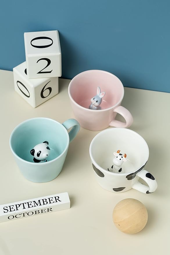DIHOclub Panda Ceramic Cup Hidden 3D Animal Inside Mug,Cute Cartoon Handmade Figurine Mugs,Holiday and Birthday Gift for Coffee & Tea Lovers,12 OZ (Blue)
