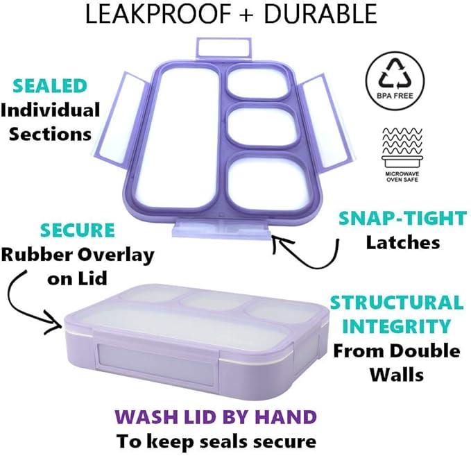 kinsho Bento Lunch Box for Kids Lunch-Boxes for Women Adults Girls Boys | Snack Containers for Toddlers Tweens Pre-School Lunches BPA Free | Purple, 4 compartments (1 Pack)