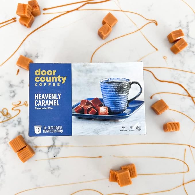 Door County Coffee Heavenly Caramel Flavored Ground - 10 Count Single Serve Cups - Medium Roast - 100% Specialty Arabica - Flavored Gourmet - Sweet & Buttery Caramel