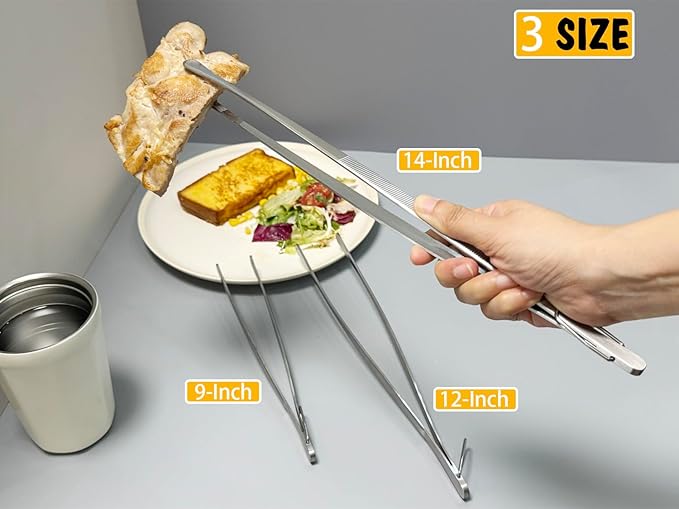 JETKONG 3 Pcs 12-Inch Cooking Tweezer Tongs Food Tweezers for Kitchen and Barbecue (12 12 12 Inch, Silver)