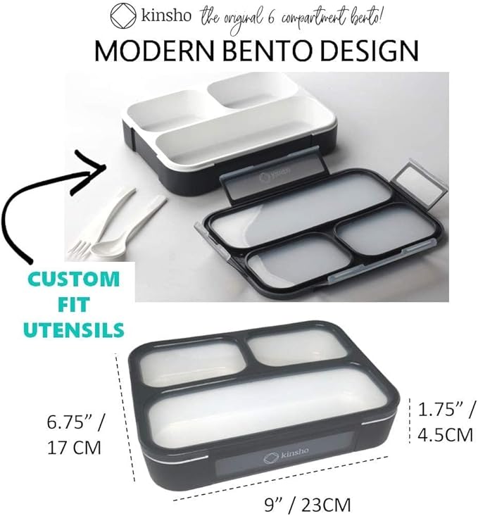 Bento Lunch Box For Adults, Kids | Leakproof Meal Prep Portion Control Boxes Japanese Style for Boys Teens 3 Compartment Slim Container For Work, School | Eco-friendly Divided Containers, Grey - Black
