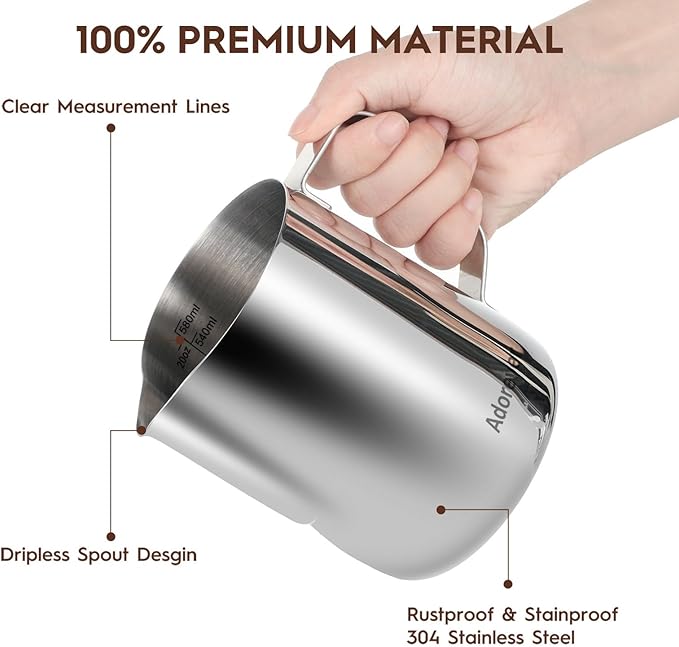 Milk Frothing Pitcher, 20oz Steaming Pitcher Stainless Steel Espresso Machine Accessories for Coffee Bar, Cappuccino Barista Tools Milk Jug Steamer Frother Cup with Decorating Latte Art Pen