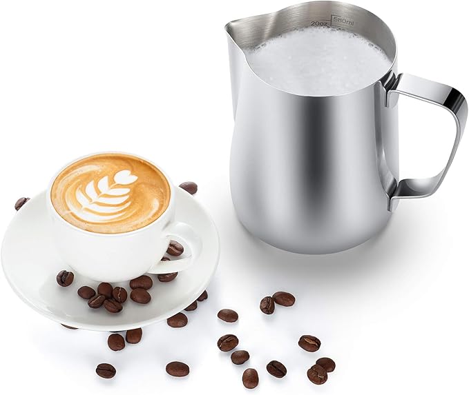 Milk Frothing Pitcher, Thicker Version 350ml 12oz Steaming Pitchers Stainless Steel Milk Coffee Cappuccino Latte Art Barista Steam Pitchers Milk Jug Cup with Decorating Pen