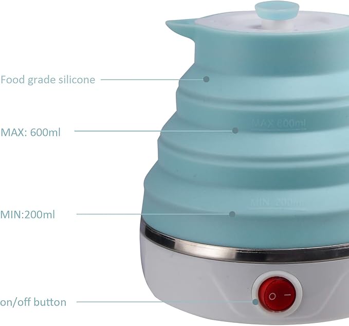 Travel Foldable Electric Kettle, Collapsible Electric Kettle Food Grade Silicone Small Pot Boiling water,Dual Voltage（600ml,110-220V US Plug） (Blue)