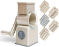 Rotary Cheese Grater with Hand Crank, Multi-Purpose Shredder Slicer with 5 Interchangeable Stainless Steel Blades for Shredding, Slicing, and Grating Cheese, Vegetables, and Fruit (Beige)