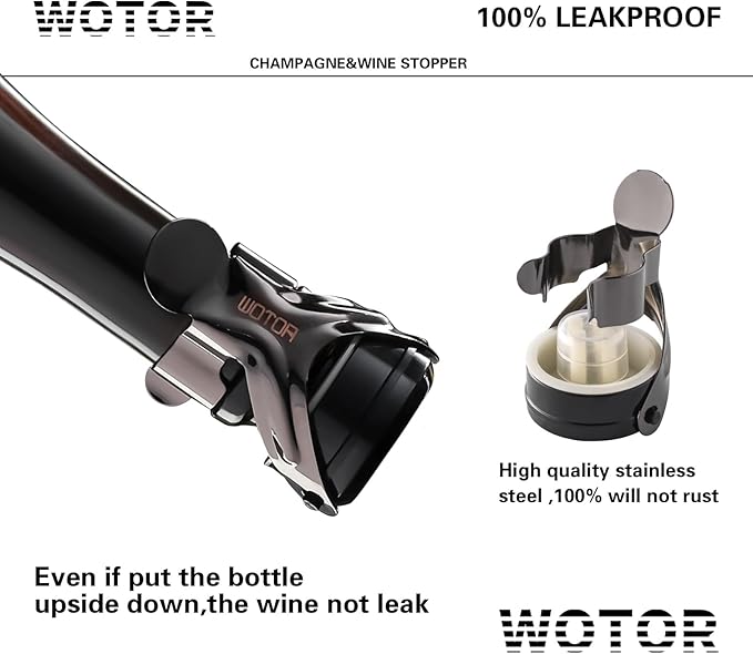 WOTOR Champagne&Wine Bottle Stoppers Stainless Steel with Food Grade Silicone, Leak Proof Keep Fresh Reusable Saver, Cork Suitable for Wine, Champagne, Cava, Prosecco and Sparkling (2 Pack Black）