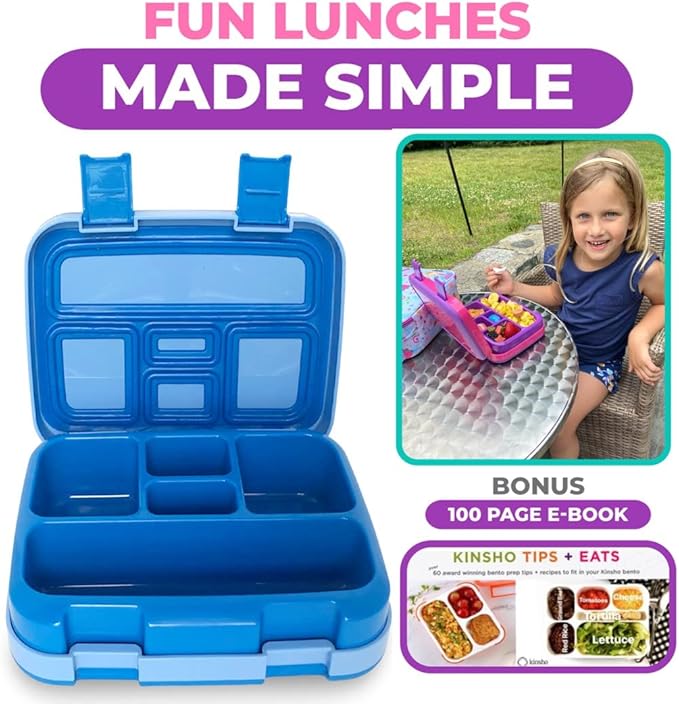 kinsho Bento Lunch Box for Kids Toddlers Boys Girls, 5 Portion Sections Secure Lid, Microwave Safe BPA Free Removable Tray, Pre-School Kid Daycare Lunches Snack Container, Blue & Pink Purple 2 pack