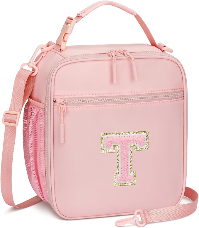 Initial Insulated Lunch Bag for Girls Kids, Back to School Gift, Reusable Leak-proof Lunch Box with Adjustable Strap for School Daycare Travel Picnic (Pink,T)
