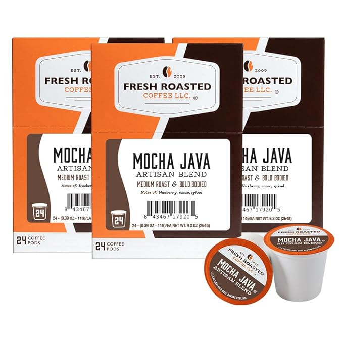 Fresh Roasted Coffee, Mocha Java, Medium Roast, 72 Pods for K Cup Brewers