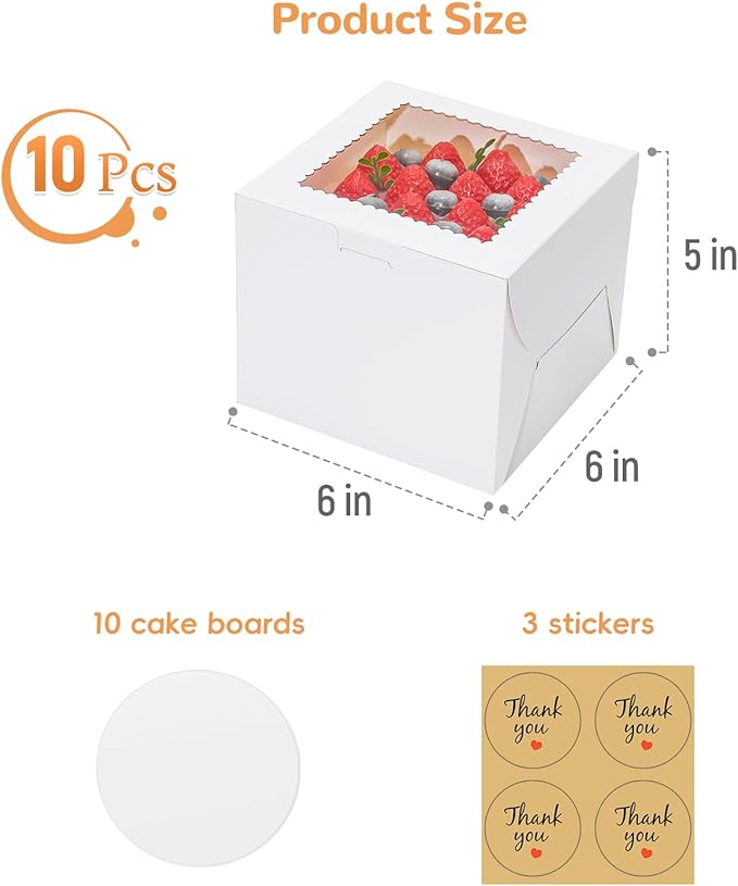 10pcs 6 Inch Cake Boxes with Sticks and Boards for Cookies, Small Cakes, Mini Desserts, Bento, and Bakery, Cupcake Box for Birthday, Party, Wedding, Mother's Day, Christmas（6x6x5 inch）