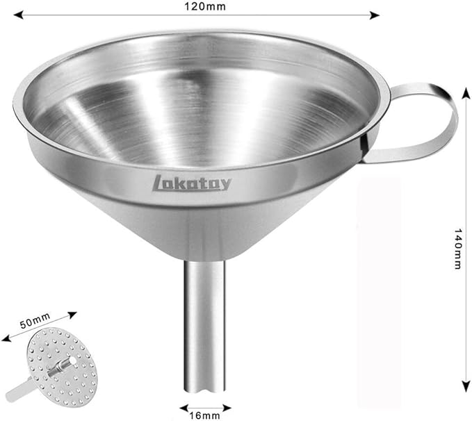 5-Inch Food Grade Stainless Steel Kitchen Funnel with Strainer Filter for Transferring of Liquid Dry Ingredients and Metal Cooking Funnel—Silver