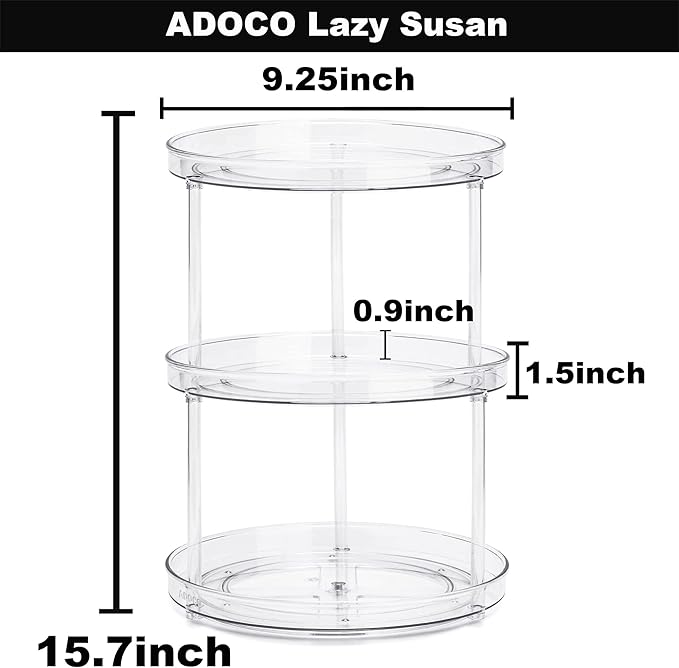 3 Tier Lazy Susan Bathroom Organizer - 9.25 Inch Clear Makeup Organizer with Skincare and Perfume Storage for Countertop