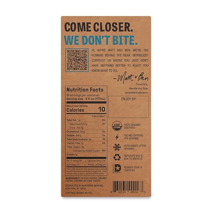 Wandering Bear Organic Vanilla Coffee Cold Brew On Tap, Iced Coffee Drink -Extra Strong, Smooth, No Sugar Added, Shelf-Stable, Ready to Drink, Gluten Free & Vegan Decaf -16 Servings of 6fl.oz -96fl.oz