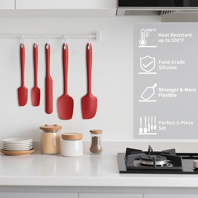 Coukre Silicone Spatula Set of 5,High Temperature Resistant, Food Grade Silicone, Dishwasher Safe, for Baking, Cooking (Pure Red)