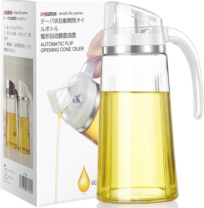 Marbrasse Oil Dispenser for Kitchen,20 OZ /600ml Leakproof Glass Oil Bottle with Auto Flip Cap,Olive Oil Container for Kitchen Cooking (White)