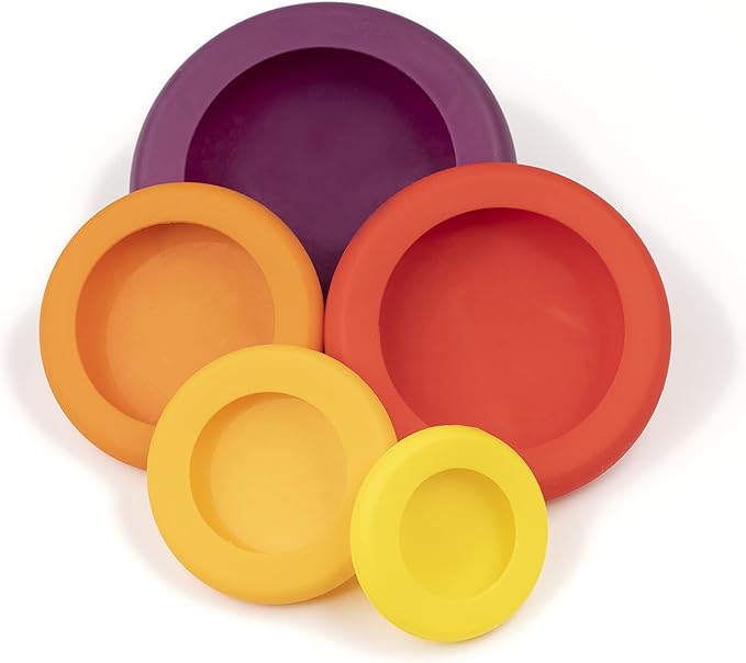 Food Huggers 5pc Reusable Silicone Food Savers | BPA Free & Dishwasher Safe | Fruit & Vegetable Produce Storage for Onion, Tomato, Lemon, Banana, Cans & More | Round, Autumn Harvest