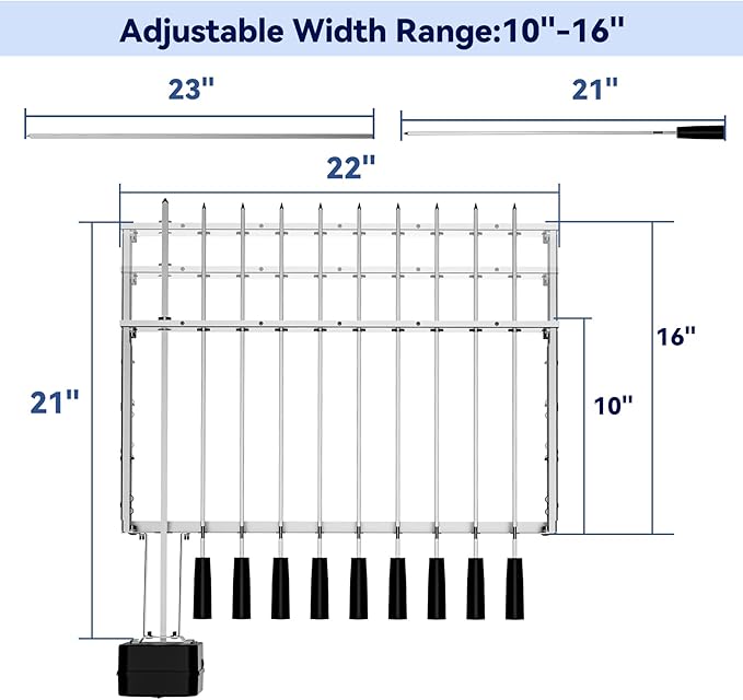 Skyflame Stainless Steel Electric Barbecue Shish Kabob Skewer Set with 9pcs Skewers, Automatic Rotating Skewer Turner with Adjustable Speed Motor and Adjustable Length Rotisserie BBQ Grill Rack