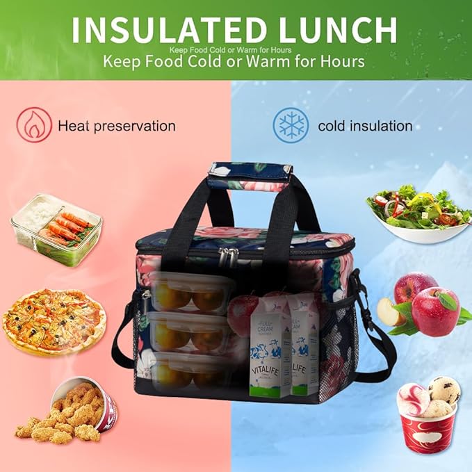 iknoe Insulated Lunch Bag, Foldable 8.5L Cooler Bag for Men & Women, Leakproof Thermal Design, Great for Office, Picnic, Travel, Lunch Box,Flower