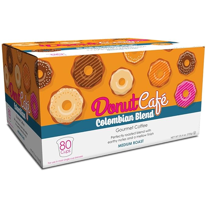 Donut Café - Coffee Gourmet Pods, Colombian Blend, Medium Roast – Non-GMO, Gluten Free – Compatible with Keurig K Cup Brewers – Smooth & Delicious – 80 Count