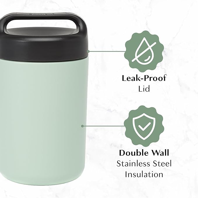 Goodful Stainless Steel Food Jar, Double Wall Vacuum Sealed Insulated Food Storage Container with Carry Handle Lid, 16-Ounce, Sage