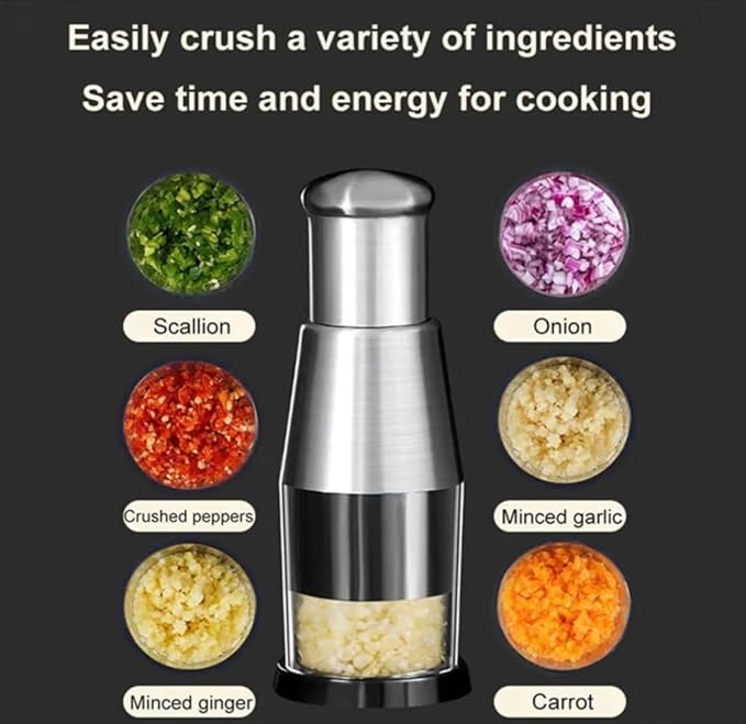Pressed Garlic Chopper Stainless Steel,Easy to Chop, Garlic Grinder with Spring,Press Design,Garlic Chopper Mini for Onions, Garlic, and Pepper, Easy to Store and Clean