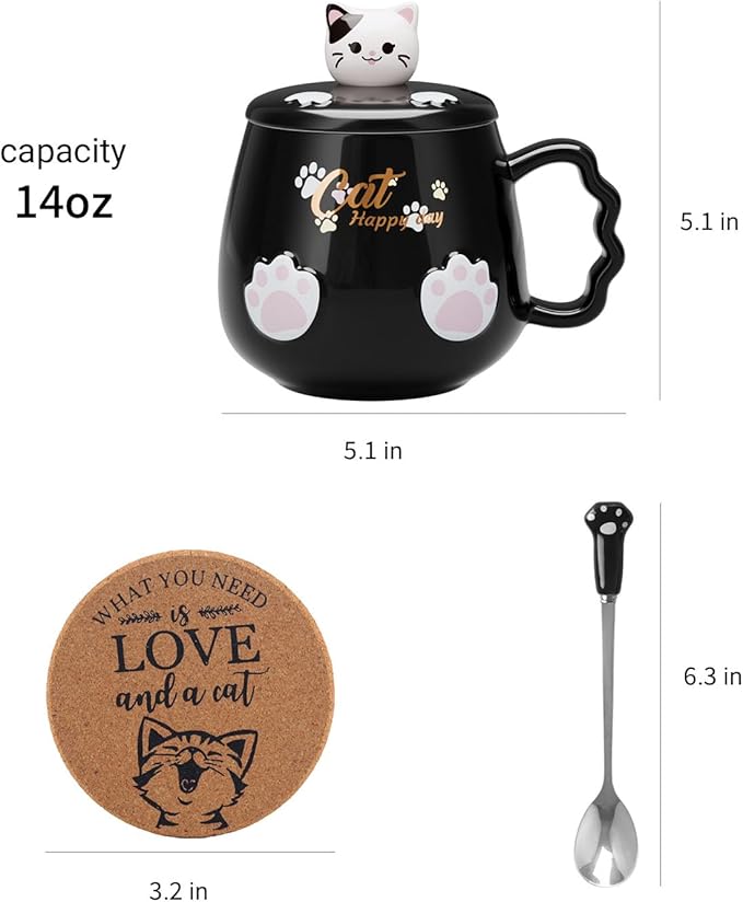 Bgbg Cute Cat Mug, Novelty Ceramic Coffee Tea Milk Cup with Lovely Kitty Lid, Kawaii Claw Spoon, Anime Coaster, Novelty Things Birthday Christmas Gift for Cat Lovers Women Her, 14 oz, Black