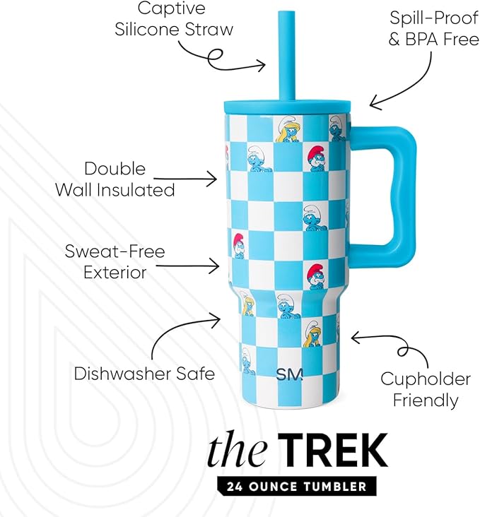 Simple Modern Smurfs Kids 24 oz Tumbler with Handle and Silicone Straw Lid | Spill Proof Leak Resistant | Reusable Stainless Steel Bottle | Gift Kids Boys Girls | Trek Collection | Smurfs Checkmate