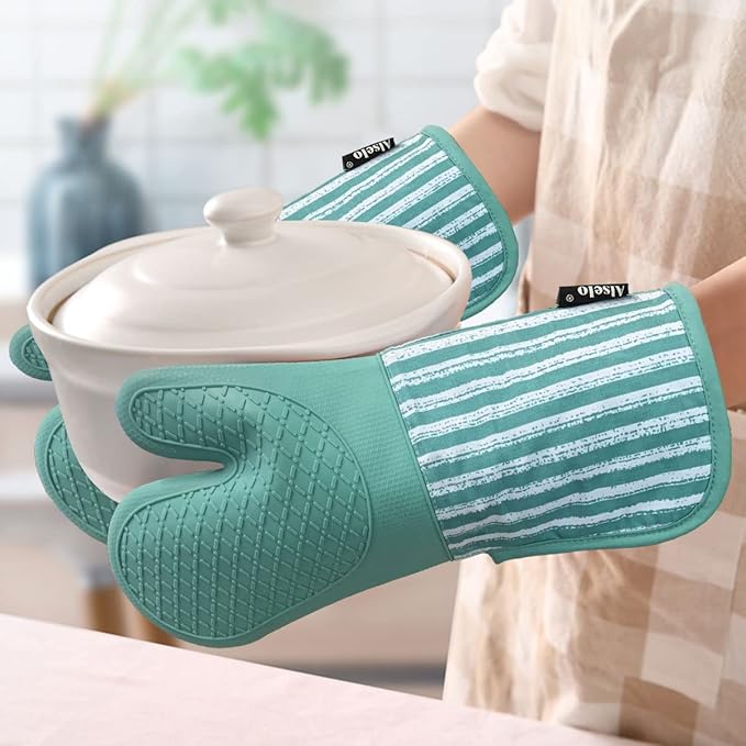 Silicone Oven Mitts Heat Resistant 932℉ with Waterproof & Non-Slip Kitchen Mittens, Set of 2 Extra Long Oven Gloves with Soft Cotton Terry Lining for Baking Cooking Barbecue