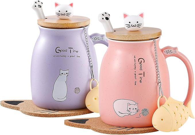BigNoseDeer 2Pcs Kawaii Cat Mug Cute Tea Cup with Infuser Ceramic Coffee Mugs Cute Cool Preppy Stuff Gifts for Women Birthday Gifts for Cat lovers13oz