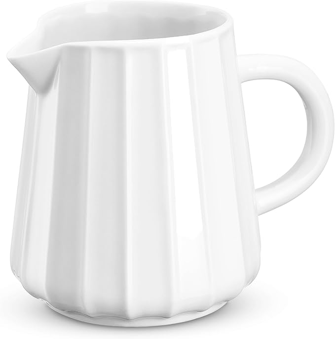 Gurygo Wave Shaped 2 Pack 5 Oz Classic White Creamer with Handle - Small Ceramic Creamer Pitcher Set - Fine Porcelain Small Milk Pitcher for Coffee Milk Sauces Salad, Microwave Safe