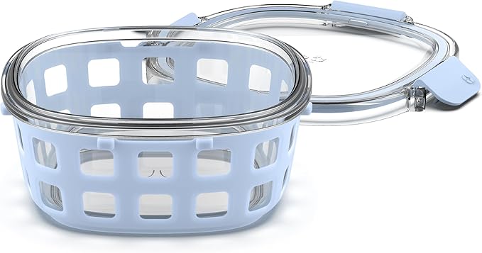 Ello Duraglass Meal Prep Container, 4 cup- Glass Food Storage Container with Silicone Sleeve and Airtight BPA-Free Plastic Lid, Dishwasher, Microwave, and Freezer Safe, Halogen Blue