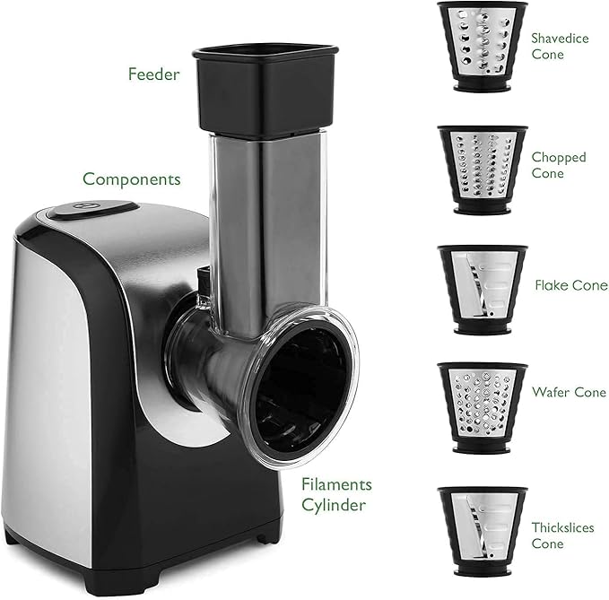 Electric Cheese Grater, Professional Electric Slicer Shredder, 150W Cheese Grater/Chopper Salad Maker, Shredder for Home Kitchen Use with One-Touch Control | 5 Free Attachments