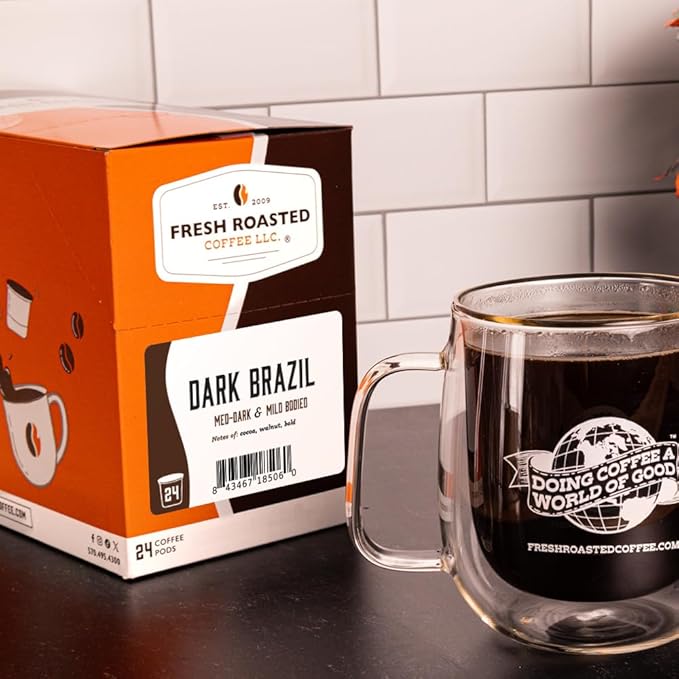 Fresh Roasted Coffee, Dark Brazil, Med-Dark Roast, 24 Pods for K Cup Brewers