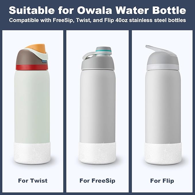 2PCS Silicone Water Bottle Boot for Owala 40oz, Protective Bottom Bumper Anti-Slip Sleeve for FreeSip, Twist, and Flip Stainless Steel Bottles, Dishwasher Safe and BPA Free(Shiny Silver)