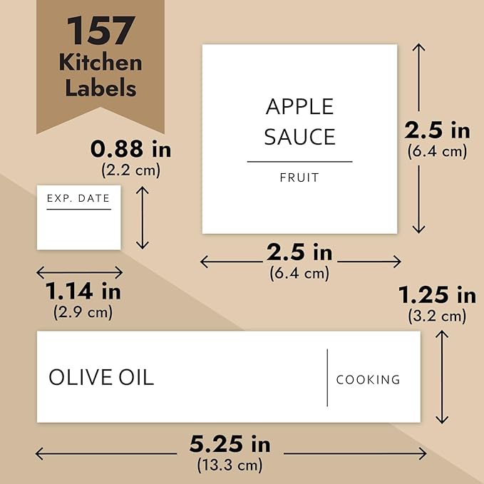 Talented Kitchen Minimalist Food Labels - 2.5" x 2.5" Matte White Vinyl, Pack of 157 - Pantry & Fridge Container Labels for Jars & Bins - Preprinted Food Storage Stickers, Water-Resistant