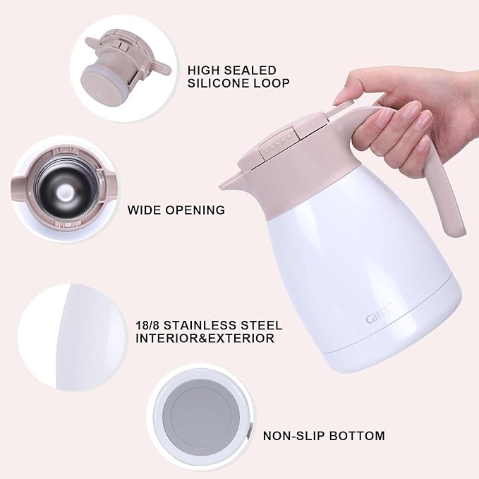 GiNT 1L / 34Oz Thermal Coffee Carafe, Insulated Stainless Steel Coffee Carafes for Keeping Hot/Double Walled Vacuum Thermal Carafe (White)
