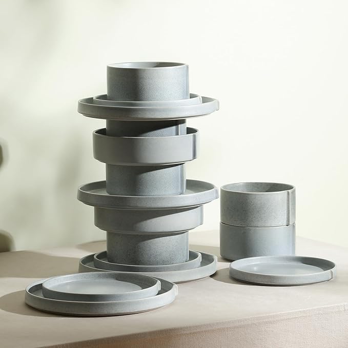 Stone Lain Bao 12-Piece Dinnerware Set Stoneware, Blue-Grey