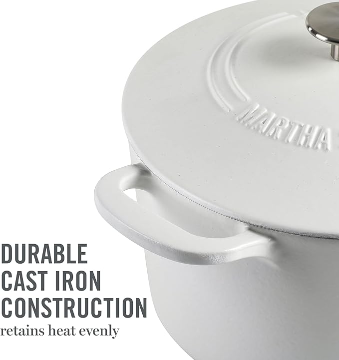 MARTHA STEWART Gatwick 7-Quart Enamel Cast Iron Dutch Oven Pot with Lid – Matte White – Durable Heavy-Duty Dutch Oven for Slow Cooking, Braising & Baking