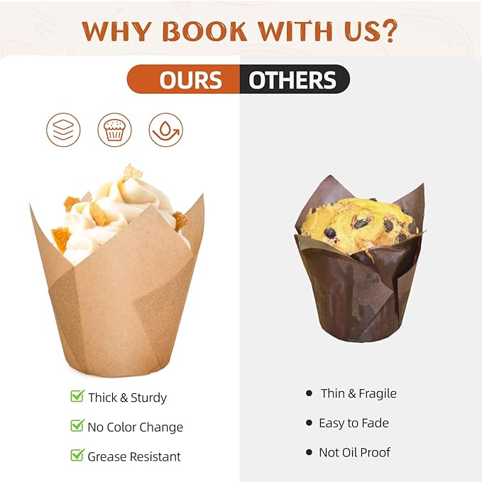 200pcs Natural Tulip Cupcake Liners, Premium Muffin Liners Holders for Baking Cups, Greaseproof Cupcake Wrappers in Standard Size, Classic Parchment Paper Cupcakes Liner by JIRNGLA