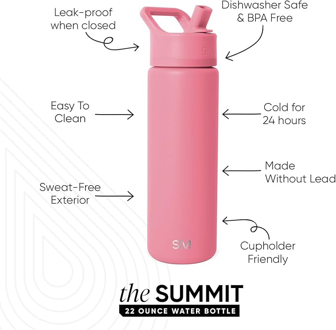 Simple Modern Water Bottle with Straw Lid | Vacuum Insulated Stainless Steel Metal | Reusable Leak Proof BPA-Free Cup for School | Summit Collection | 22oz, Velvet Pink