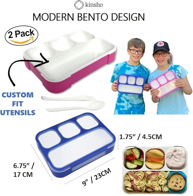 Bento Lunch-Box for Kids and Adults: Lunch Boxes with 4 Sealed Compartments, Divided Containers for Boys Girls Women Men - School Work Portion Container, Utensils, Blue + Rose Pink 2 pack Set