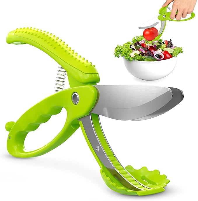 Salad Scissors for Chopped Salad – Multiblade Food Scissor Chopper With Spring-Loaded System & Anti-Slash Head for Fast Double Cutting – 8.9" Handy Size Lettuce Chopper, Stainless Steel Blades