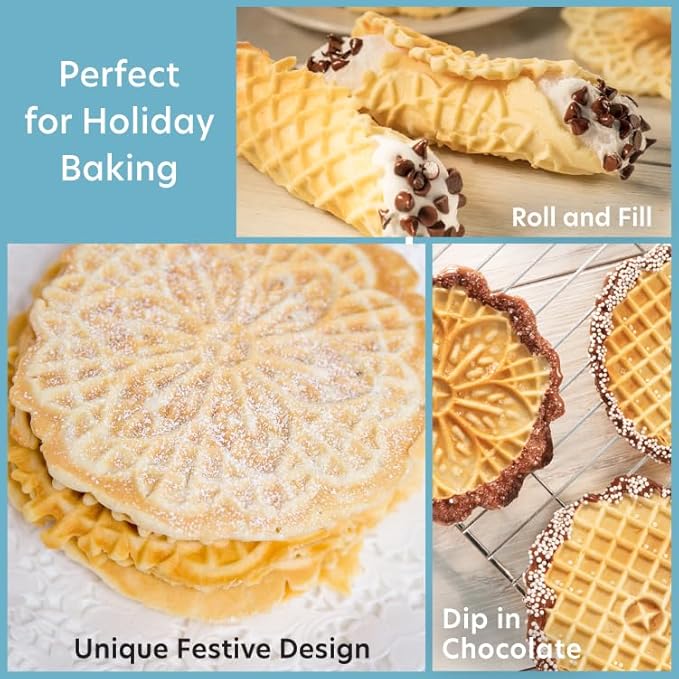 Pizzelle Maker- Nonstick Electric Holiday Baker Press Makes Two 5-Inch Cookies at Once- Christmas Baking Supplies for Party- Italian Dessert Treat Making with Recipe Guide- Cookie Swap Gift for Her